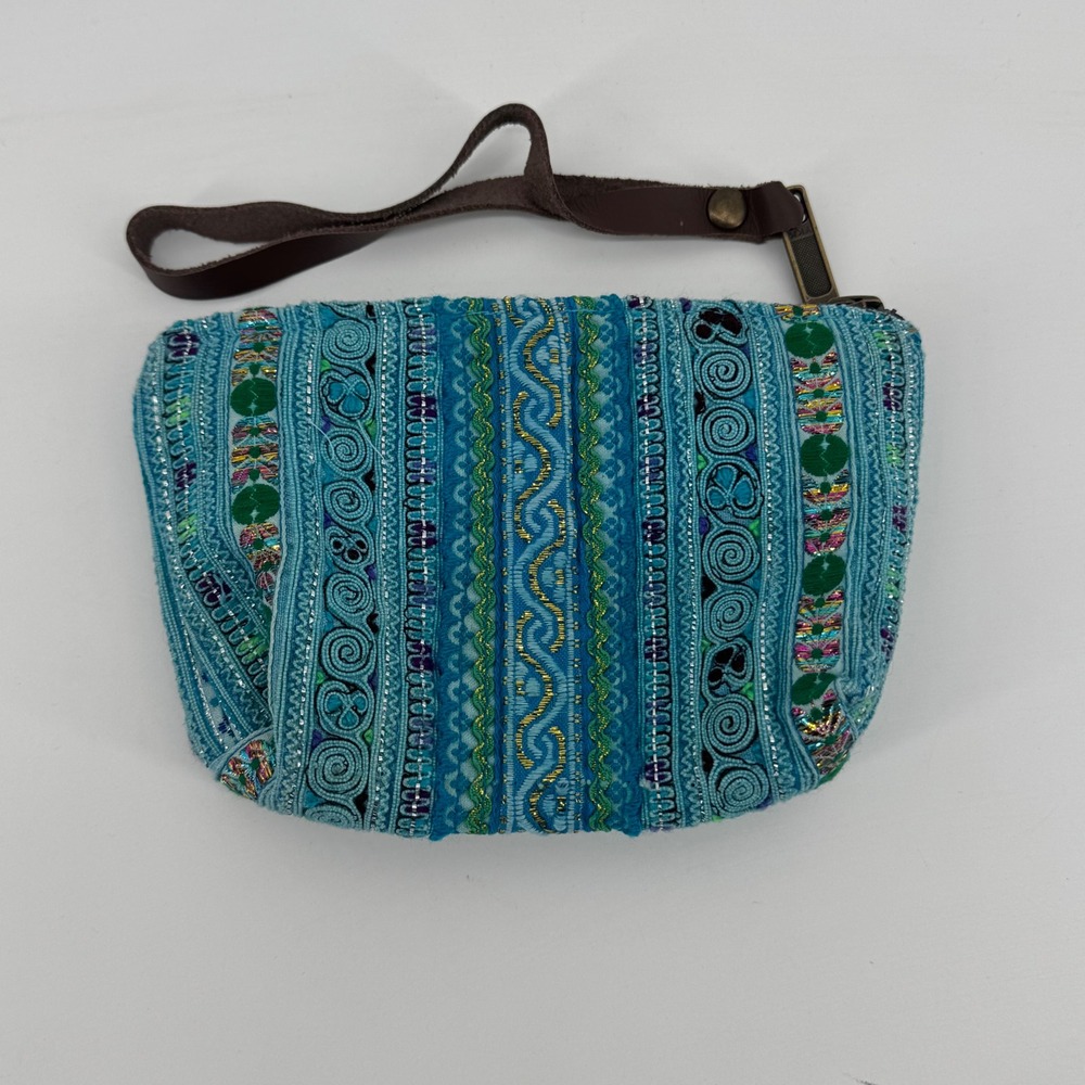 JADEtribe Embroidered Tribal Wristlet Clutch Turquoise Blue Gold Thailand Boho - Picture 3 of 6